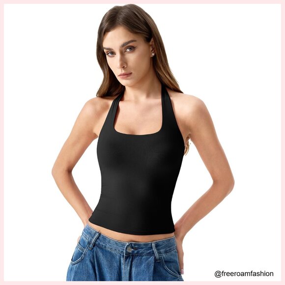 Tops - Double Lined Halter Tank Top Sleeveless Open Back Slim Fit Summer